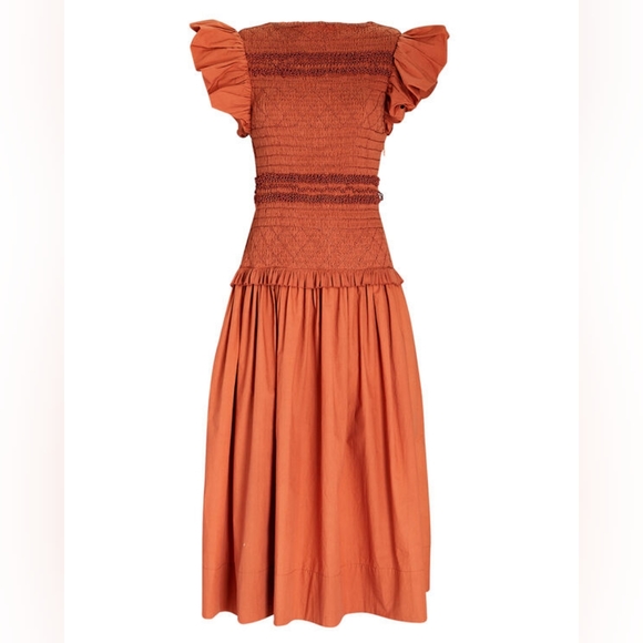 11. NWOT ULLA JOHNSON MADELINE SMOCKED MIDI DRESS - Picture 2 of 11